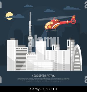 Red Patrol Hubschrauber fliegen über Stadt in Nachthimmel mit mond und Wolken auf Wolkenkratzer Silhouetten Hintergrund flache Vektor-Illustration Stock Vektor