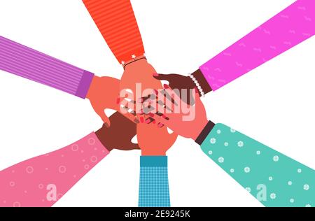 Die Hände der Mischung race Gruppe der Frauen, die zusammen weiblich Empowerment Bewegung Mädchen Macht Vereinigung von Feministinnen Konzept horizontalen Vektor Abbildung Stock Vektor