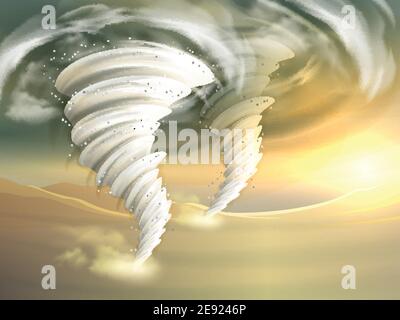 Zwei realistische Tornado-Wirbel mit Sonne und Wolken auf dem Hintergrund vektorgrafik Stock Vektor
