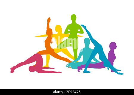 Regenbogen Yoga Asanas. Rainbow farbige Silhouetten von Frauen Yoga üben. Vektorgrafik isoliert auf weißem Hintergrund Stock Vektor