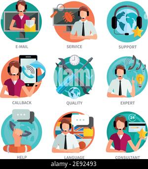 Kunden-Support flache Farbe Embleme Set mit E-Mail-Support-Rückruf Und Berater Hilfe Symbole isoliert Vektor Illustration Stock Vektor
