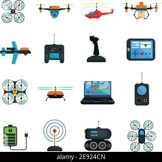 Drohnen Symbole mit Laptop Hubschrauber und Flugzeug flach isoliert gesetzt vektorgrafik Stock Vektor