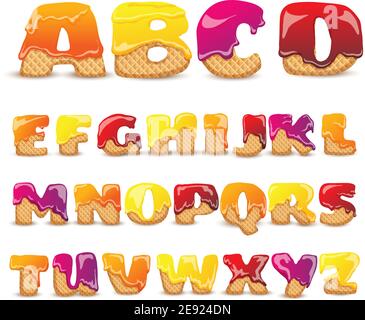 Beschichtete Waffeln lateinische Buchstaben süßes Alphabet mit Fruchtgeschmack lustig Bunte Piktogramme Kollektion Poster abstrakt Vektor Illustration Stock Vektor
