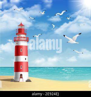 Realistischer Leuchtturm am Strand mit Möwen und Meer Vektordarstellung im Hintergrund Stock Vektor