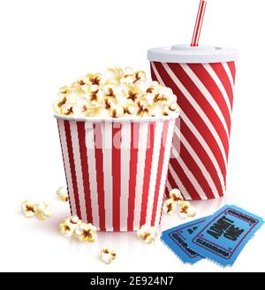 Kino-Set mit Cola Glas Popcorn Eimer und Tickets realistisch vektorgrafik Stock Vektor