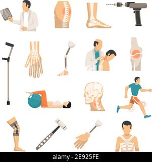 Orthopädie und Prothetik Medizin isoliert Ikonen mit Knochen der Wirbelsäule Säulenarm- und Fußprothese sowie medizinischer Hammer und Bohrer vektor illustrr Stock Vektor