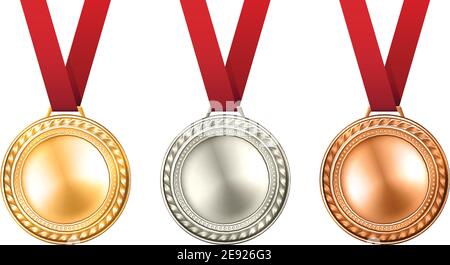 Gold Silber und Bronze Medaillen mit Bändern realistisch isoliert gesetzt vektorgrafik Stock Vektor