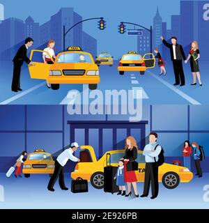 Horizontale Banner Satz von Taxi-Service-Kompositionen der Menschen fangen Und sitzen in Taxi flach Vektor-Illustration Stock Vektor