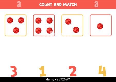 Zählspiel für Kinder. Zählen Sie alle Planeten Mars und Übereinstimmung mit der Zahl. Arbeitsblatt für untergeordnete Elemente. Stock Vektor