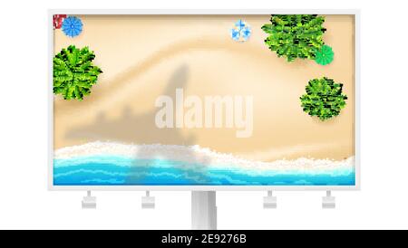 Schatten des Flugzeugs unter tropischem Strand. Plakatwand mit Palmen und Meeresküste. Draufsicht. Flache kreative Vektor-3d-Illustration Stock Vektor