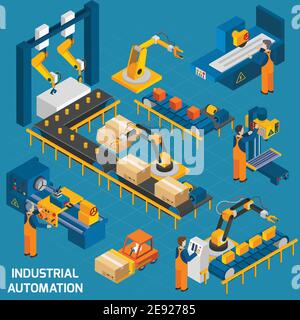 Isometrische Symbole mit Robotermaschinen und Maschinenbedienern gesetzt Mit Steuerungssoftware Vektordarstellung Stock Vektor