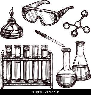 Chemie Labor Werkzeuge und Geräte schwarz und weiß Skizze Hand Gezeichneter dekorativer Symbolsatz isolierte Vektorgrafik Stock Vektor