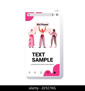 Mix race girls AktivistInnen halten Plakate weibliche Empowerment Bewegung Frauen Power Concept Smartphone Bildschirm kopieren Raum Vektor Illustration Stock Vektor