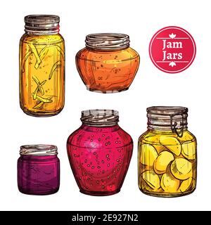Farbige handgezeichnete Marmeladenglas Gläser Set isoliert Vektor-Illustration Stock Vektor