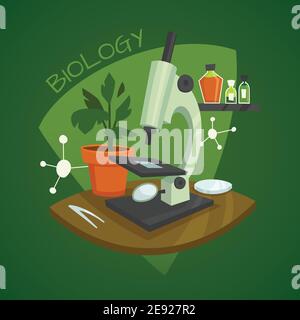 Biologie Labor Arbeitsbereich Design-Konzept mit Mikroskop Zimmerpflanze und chemische Vektorgrafik Reagenzien Stock Vektor