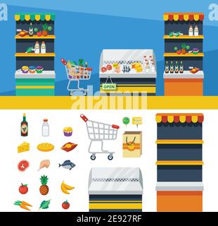 Zwei flache horizontale Supermarkt Banner mit Regalen Warenkorb Und natürliche Lebensmittel Symbole Vektor-Illustration Stock Vektor