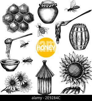 Honig Produktion schwarze Icons mit Bienenstock Waben Zellen und gesetzt Fliegende Bienen Doodle abstrakt isoliert Vektor-Illustration Stock Vektor