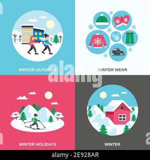 Winterurlaub und Outdoor-Kleidung 4 flache Symbole quadratische Zusammensetzung Mit Skating Kinder abstrakt isoliert Vektor-Illustration Stock Vektor