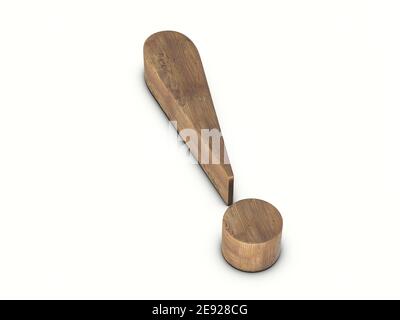 Holzausrufezeichen auf weißem Hintergrund. 3D Abbildung. Stockfoto