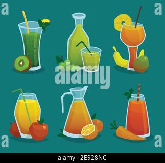Dekorative Ikonen Set aus Krug und Gläsern mit frischem Saft Und Früchte in Cartoon-Stil isoliert Vektor-Illustration gemacht Stock Vektor