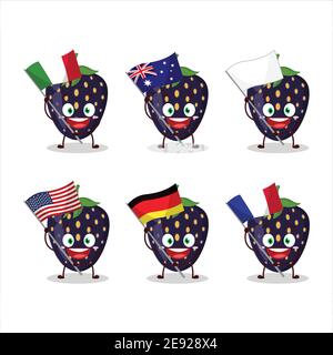 Schwarze Erdbeere Cartoon-Charakter bringen die Flaggen der verschiedenen Länder. Vektorgrafik Stock Vektor