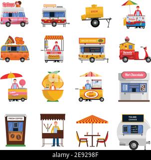 Street Food Icons Set mit Hot Dog gegrilltes Huhn und Frische Kaffee Symbole flach isoliert Vektor-Illustration Stock Vektor