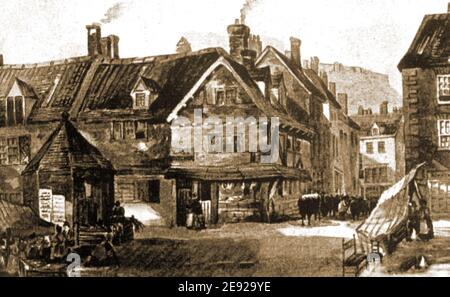 Ein altes spätes c1700 Gemälde von Scarborough, North Yorkshire, Großbritannien, das eine Szene des Marktplatzes nahe der anwesenden Markthalle zeigt. Das konische Gebäude ist vermutlich der Marktstand, wo der Markt insector die Standhalter beaufsichtigen und ihre Gebühren einziehen würde. Auf dem Gebäude in der Mitte ist ein Schild mit der Werbung 'Cass - Butcher' zu sehen, während ein Drover seine Cattlen durch die Straßen führt. Der Burghügel und die Mauern können in der Ferne sein. Stockfoto