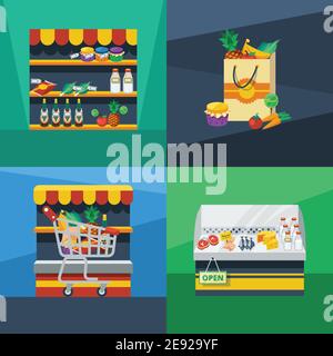 Supermarkt 2x2 flaches Design-Konzept mit bestem Preis Öko-Lebensmittel Warenkorb und frische Produkte Kompositionen Vektor Illustration Stock Vektor