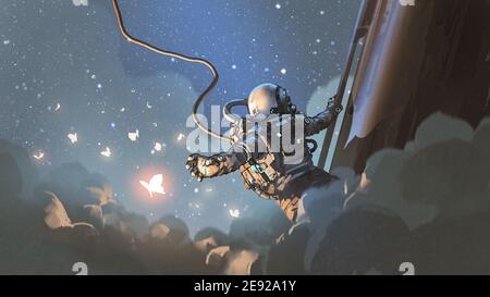 Der Astronaut streut, um den glühenden Schmetterling in den Himmel zu fangen, digitale Kunst Stil, Illustration Malerei Stockfoto