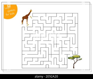 Ein Labyrinth-Spiel für Kinder. Helfen Sie der Giraffe, den Baum zu erreichen. Stock Vektor