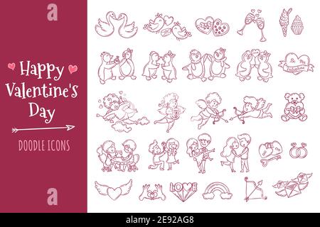Valentinstag Doodle Symbole gesetzt. Kollektion von Valentine's Day Elementen im handgezeichneten Stil. Stock Vektor