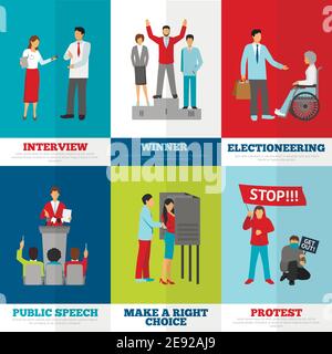 Wahlen und Politik Banner Set mit Interview öffentliche Rede und Protest Symbole flach isoliert Vektor Illustration Stock Vektor