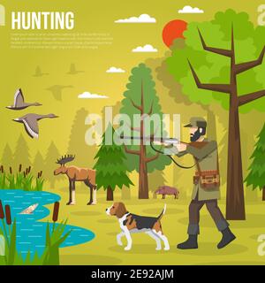 Bunte flache Ikonen Komposition von Jäger auf Enten Hund zielen Hirsch und Wildschwein im Wald Hintergrund Vektor-Illustration Stock Vektor