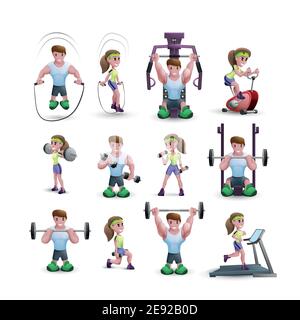 Cartoon-Symbole Set von Männern und Frauen Training mit verschiedenen Fitness-Geräte isoliert Vektor-Illustration Stock Vektor