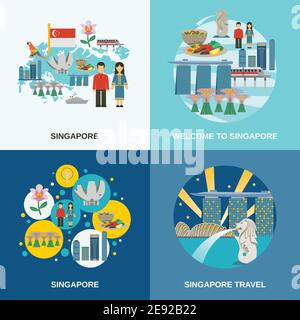 Touristenattraktionen in Singapur 4 flache Ikonen Komposition Poster mit Kulturelle Symbole Piktogramme abstrakte isolierte Vektor-Illustration Stock Vektor