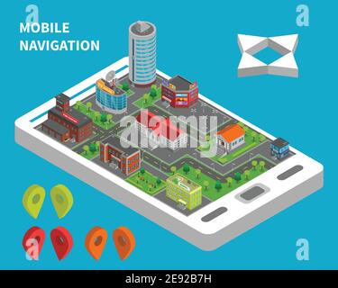 Stadt Konstruktor isometrische Vektor-Illustration für mobile Navigationsdienst mit Stadtlandschaft auf dem Telefonbildschirm Stock Vektor