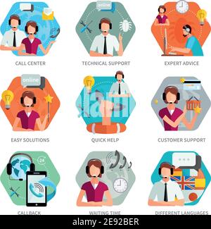 Flaches Emblem-Set mit technischem Support Call Center Und schnelle Hilfe Zeichen isoliert Vektor-Illustration Stock Vektor