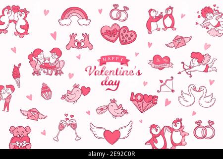 Valentinstag Elemente. Set von niedlichen handgezeichneten Icons über Liebe isoliert auf weißem Hintergrund Stock Vektor