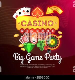 Big Game Party Casino Werbeplakat mit Neon-Zeichen und casino Elements flache Vektor-Illustration Stock Vektor