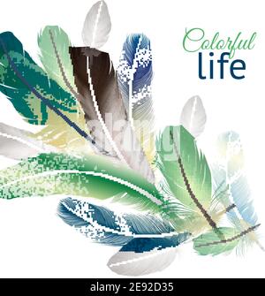 Feathers realistische Design-Kollektion mit bunten Lebenssymbolen Vektor-Illustration Stock Vektor