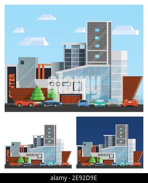 Einkaufszentrum Gebäude orthogonale Kompositionen mit Parkplatz und Autos gesetzt Flache, isolierte Vektorgrafik Stock Vektor