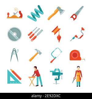 Satz von verschiedenen Tischlerwerkzeugen isoliert flache Symbole Vektor-Illustration Stock Vektor