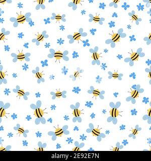 Nahtloses Muster mit Bienen und Blumen auf weißem Hintergrund. Liebenswert Cartoon Wespen Zeichen. Vorlage Design für Einladung, Karten, Textil, Stoff Stock Vektor