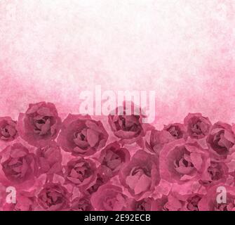 Grunge Aquarell Hintergrund mit Rosen in rosa und roten Farbtönen. Romantische Acryl-Illustration mit Blumen. Stockfoto