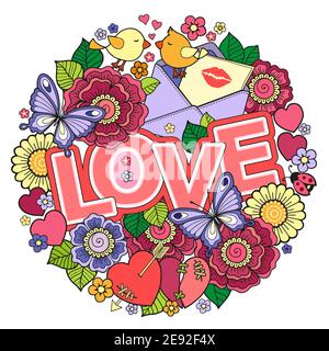 Valentinskarte. Hochzeitseinladung. Runde Form aus abstrakten Blumen, Schmetterlingen, Vögel küssen und das Wort Liebe. Stock Vektor