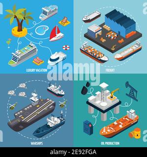 Öltanker und Luxusurlaub Passagierschiffe 4 isometrische Symbole quadratische Komposition Poster abstrakt isoliert Vektor Illustration Stock Vektor