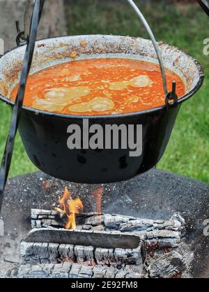 Kessel mit Gulasch auf Stativ über Kamin auf grünem Gras. Nahaufnahme. Gartenparty. Stockfoto