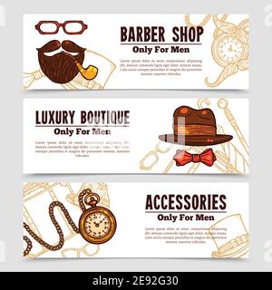 Vintage Herren Banner Set mit Luxus-Boutique-Accessoires für Männer Und Barbershop Emblem Doodle isoliert Vektor Illustration Stock Vektor