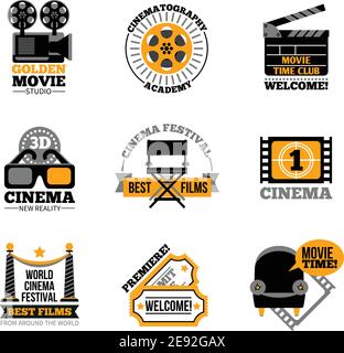 Kino und Film-Labels mit Regisseur Stuhl 3d-Brille Kino Tickets Projektor flache Schilder isoliert Vektor Illustration Stock Vektor