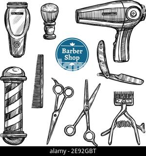 Friseur-Shop Attribute Werkzeuge und Zubehör Doodle schwarz Icons set Mit Haartrockner Schere und Rasur Vektor isoliert Illustration Stock Vektor